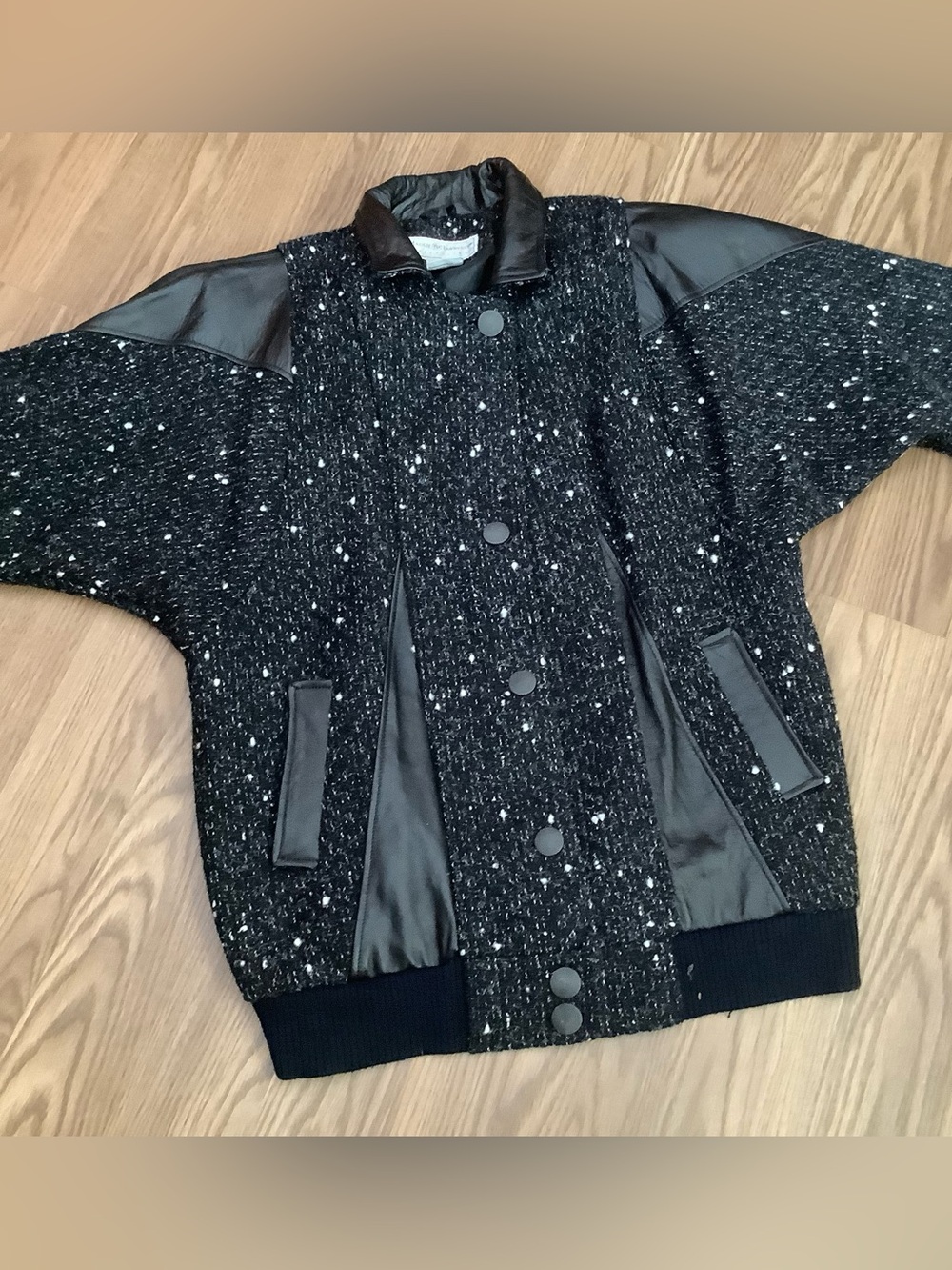 Vintage Maggie Lawrence Women’s Size xL Jacket Wool Blend Leather Trim Button Up